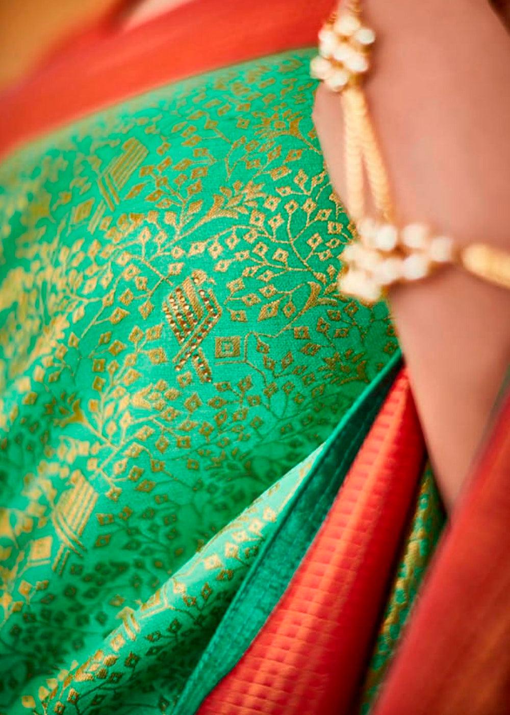 Jade Green Zari Woven Kanjivaram Silk Saree with Embroidered Blouse: Wedding Edition | Stitched Blouse - qivii