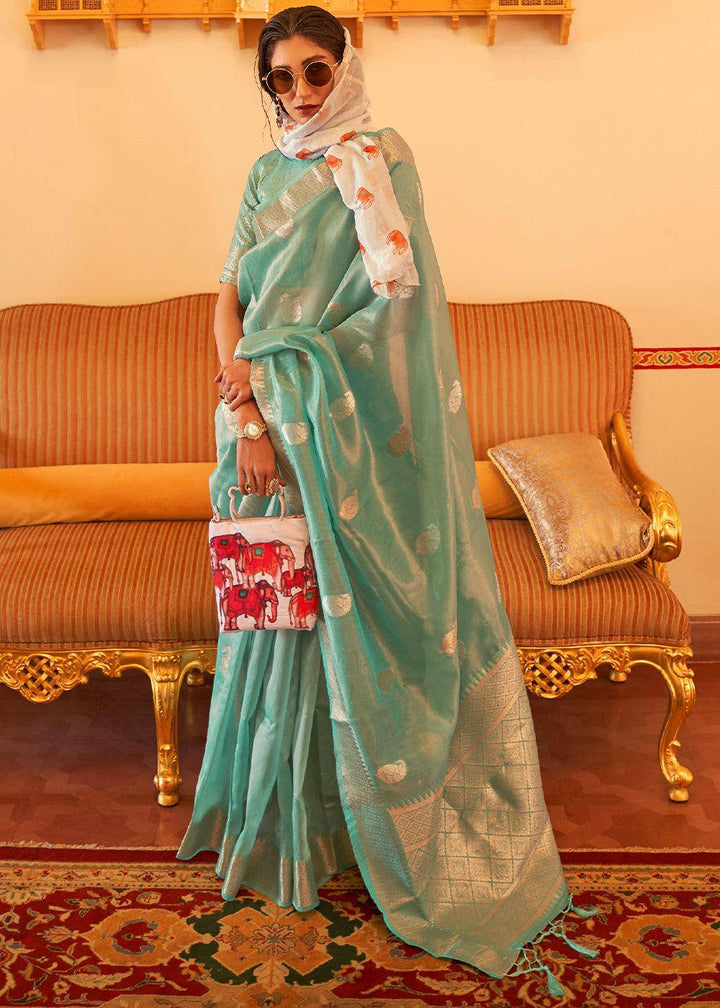 Jade Green Zari Woven Soft Tissue Silk Saree | Stitched Blouse - qivii