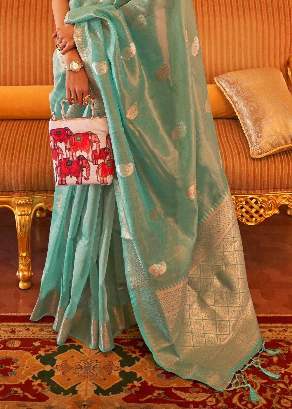 Jade Green Zari Woven Soft Tissue Silk Saree | Stitched Blouse - qivii