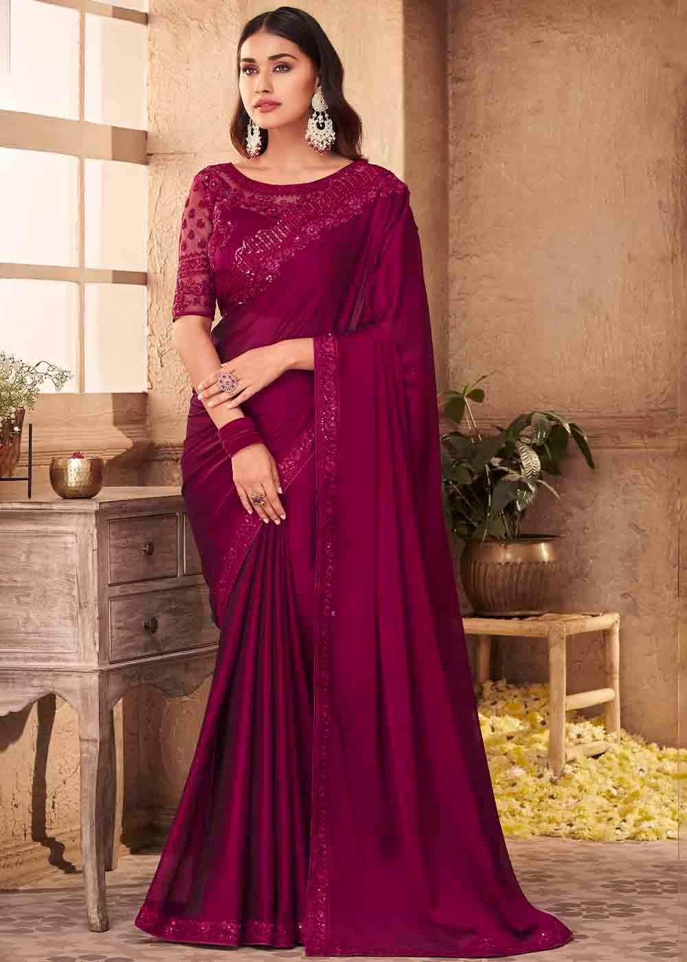 Jam Purple Designer Embroidered Satin Silk Saree with Sequence work | Stitched Blouse - qivii