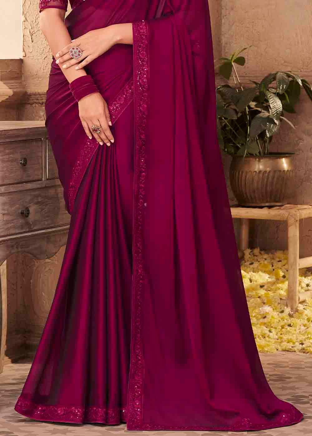 Jam Purple Designer Embroidered Satin Silk Saree with Sequence work | Stitched Blouse - qivii