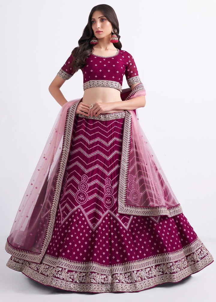 Jam Purple Georgette Lehenga Choli with Cording,Thread,Sequins & Zarkan work - qivii