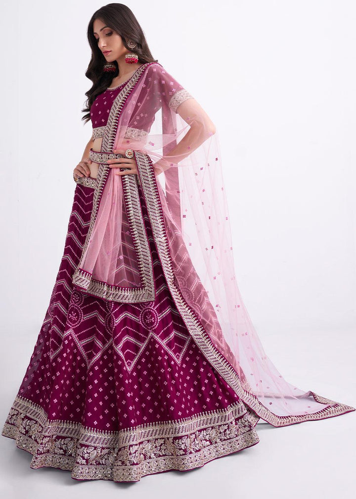 Jam Purple Georgette Lehenga Choli with Cording,Thread,Sequins & Zarkan work - qivii