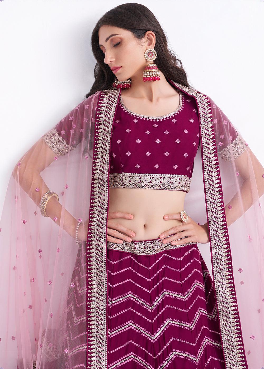 Jam Purple Georgette Lehenga Choli with Cording,Thread,Sequins & Zarkan work - qivii