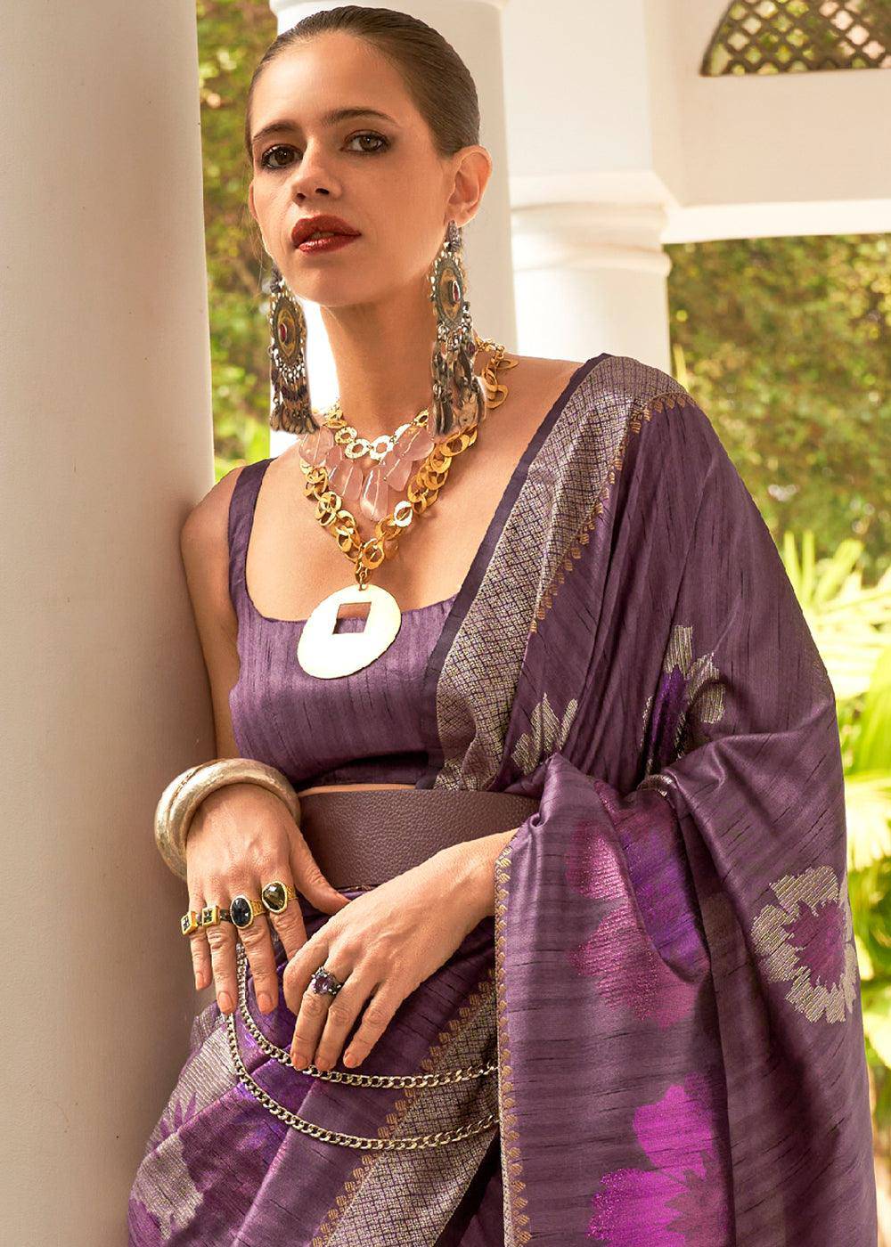 Jam Purple Multi Coloured Zari Handloom Weaving Silk Saree : Top Pick | Stitched Blouse - qivii