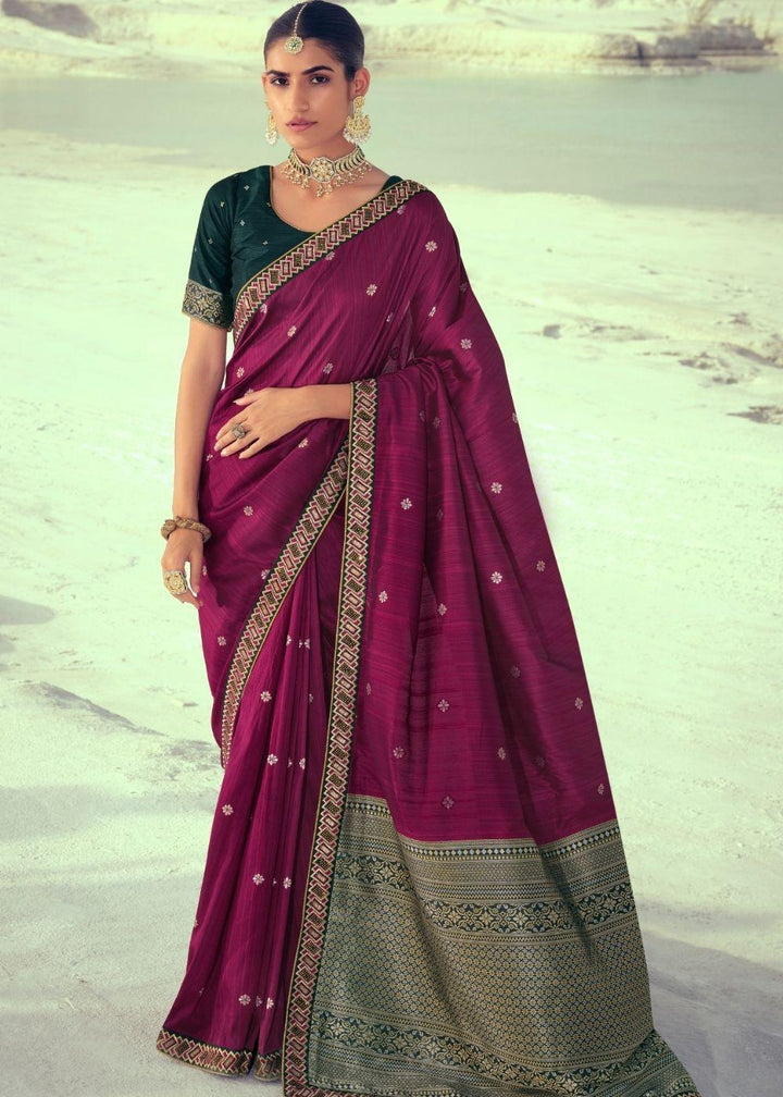 Jam Purple Woven Banarasi Silk Saree with Embroidered Border & Swarovski work | Stitched Blouse - qivii