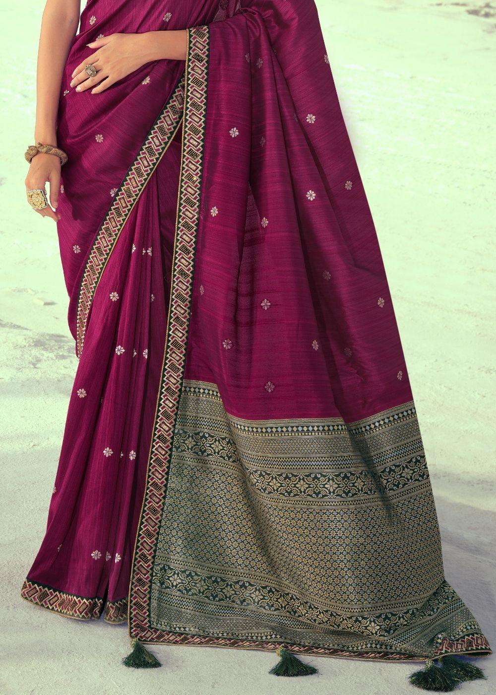 Jam Purple Woven Banarasi Silk Saree with Embroidered Border & Swarovski work | Stitched Blouse - qivii