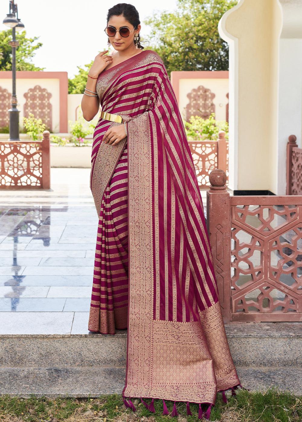 Jam Purple Zari Woven Leheriya Georgette Saree - qivii