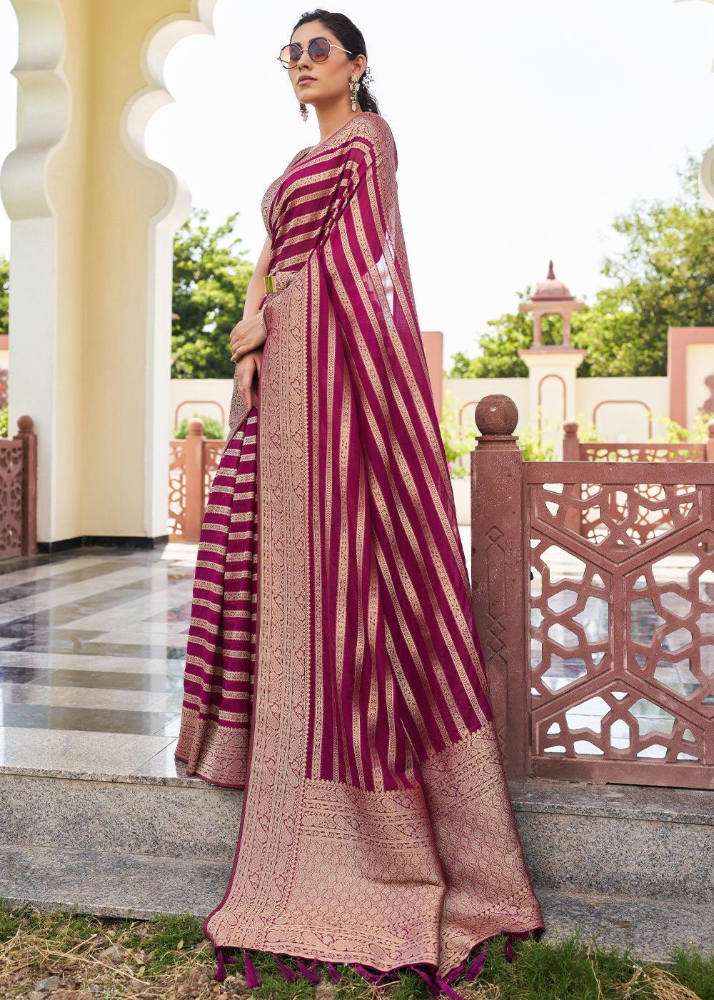 Jam Purple Zari Woven Leheriya Georgette Saree - qivii