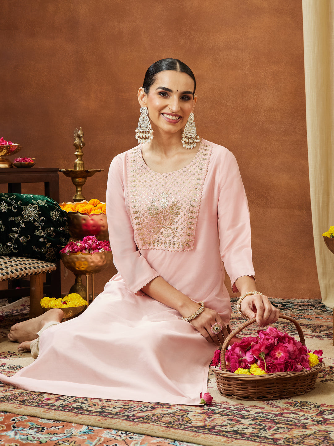 Janasya Women's Light Pink Chanderi Silk Yoke Embroidered Straight Kurta - qivii