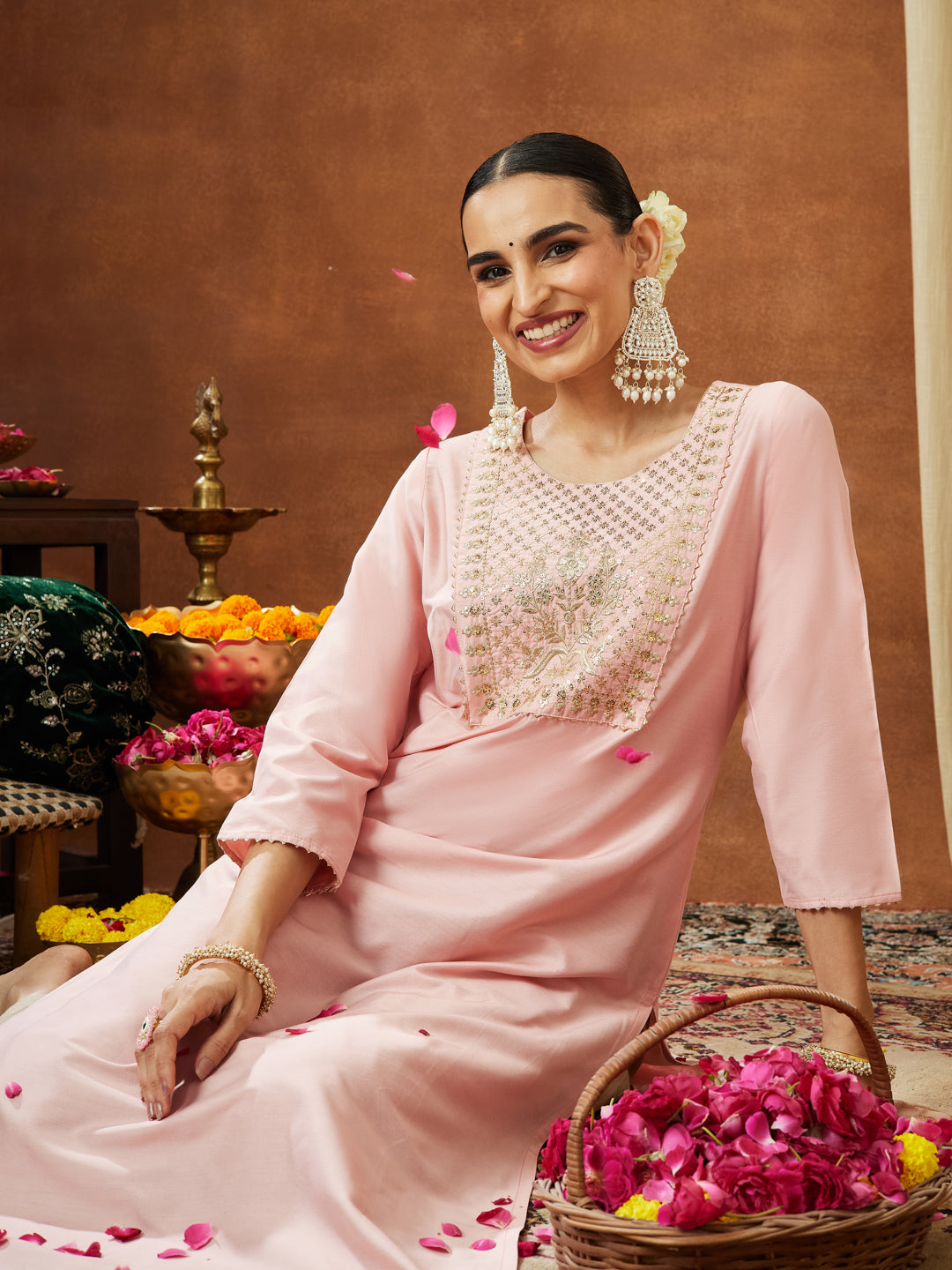 Janasya Women's Light Pink Chanderi Silk Yoke Embroidered Straight Kurta - qivii