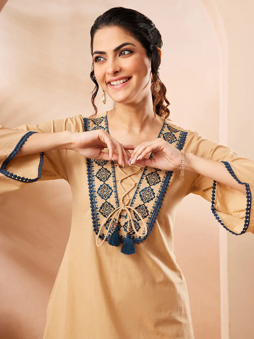 Janasya Women's Beige Pure Cotton Yoke Embroidery Straight Co-ord Set