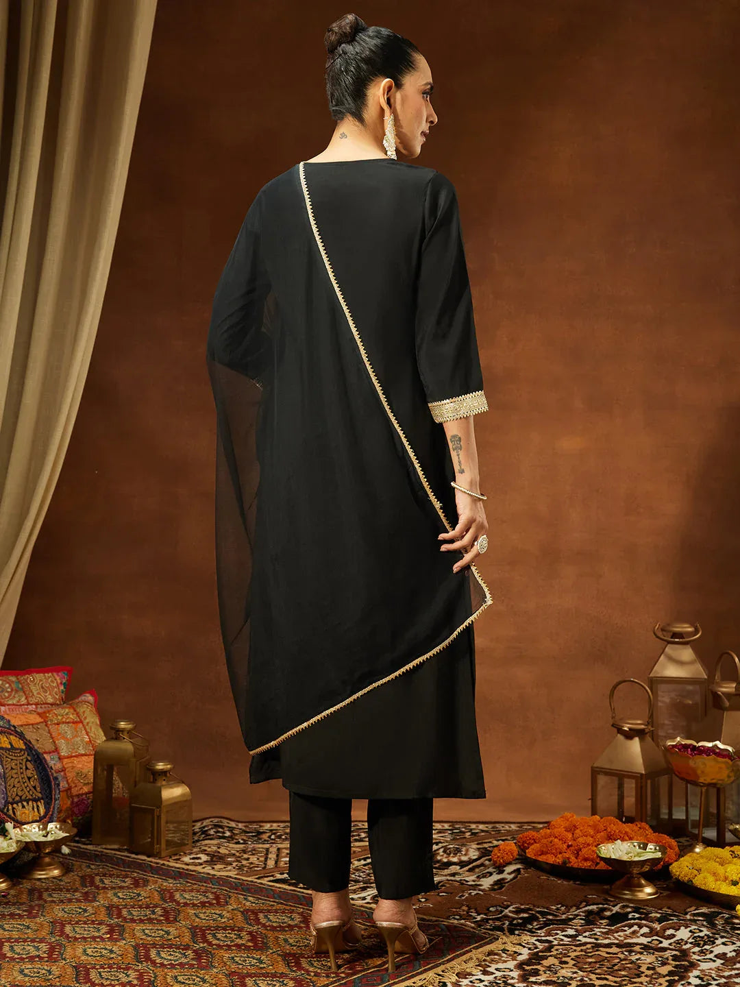 Janasya Women's Black Chanderi Silk Yoke Design Straight Kurta Set