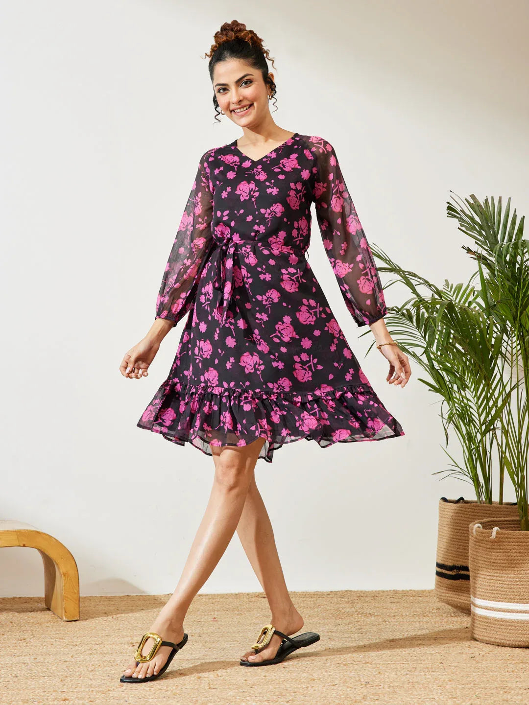 Janasya Women's Black Chiffon Floral Printed A-line Dress