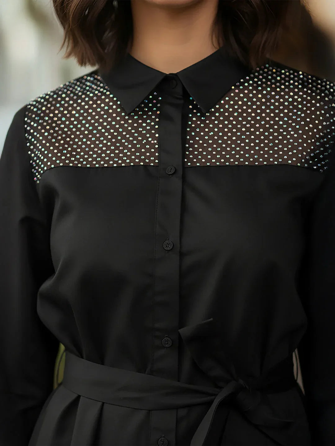 Janasya Women's Black Cotton Embellished A-line Button Down Shirt Dress