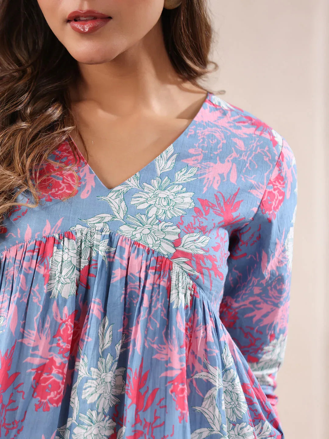 Janasya Women's Blue Pure Cotton Floral Printed A-line Top