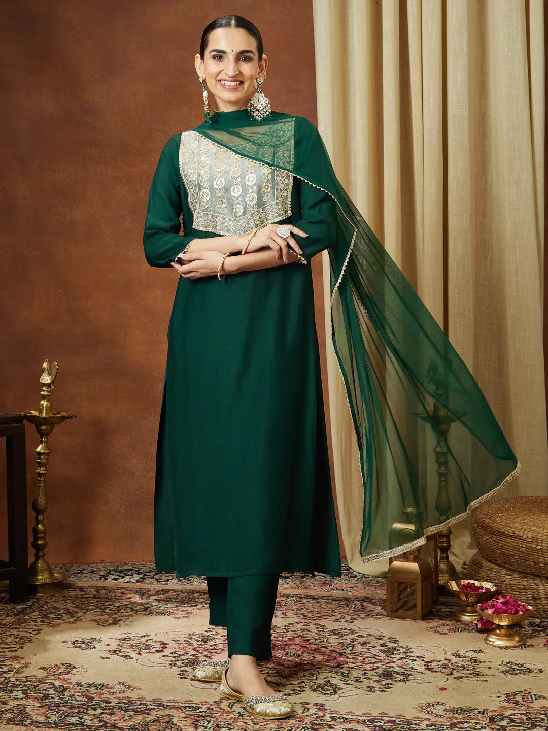 Janasya Women's Bottle Green Silk Blend Embellished Yoke Design Straight Kurta Set