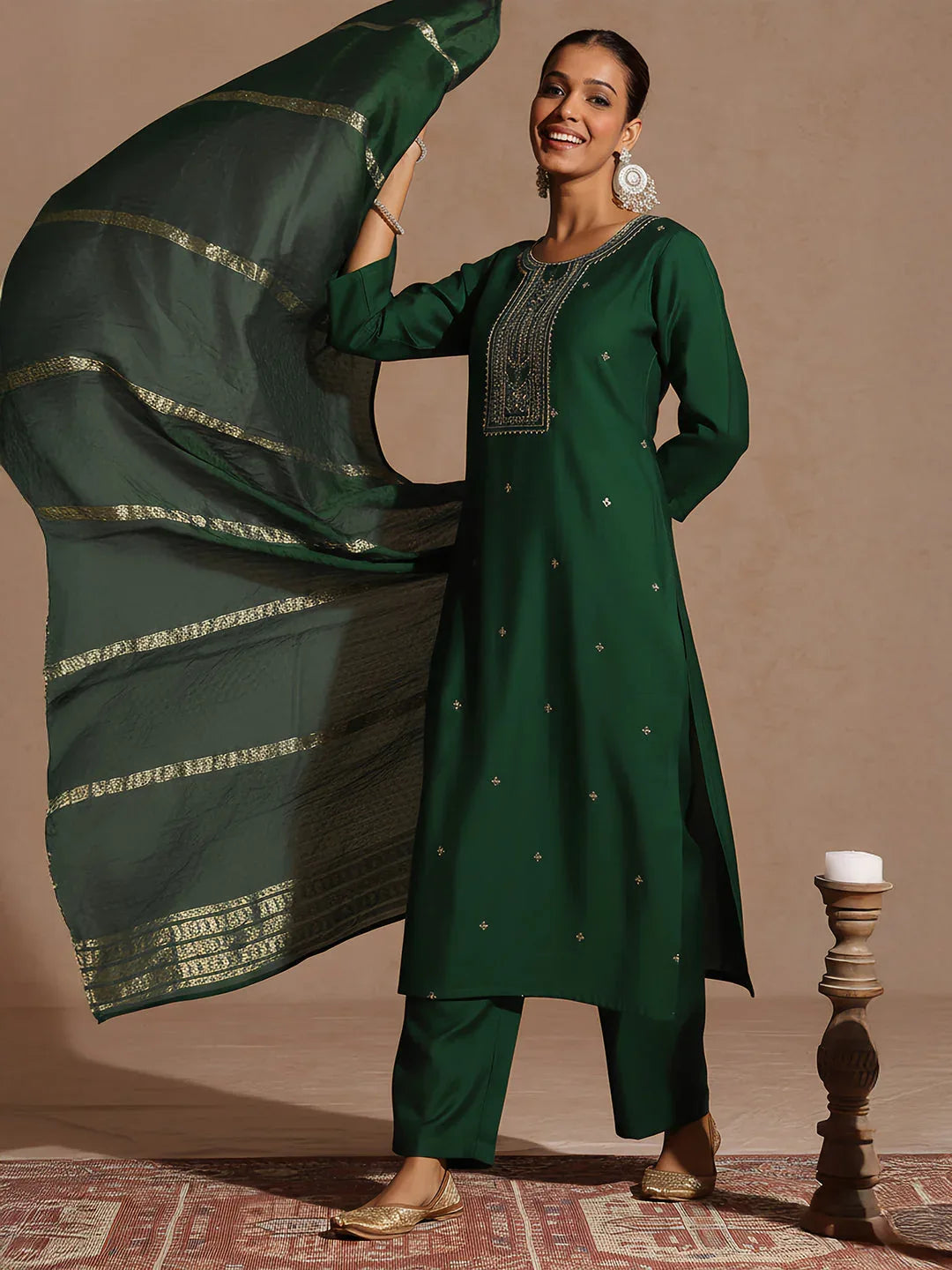 Janasya Women's Bottle Green Silk Blend Embroidered Straight Kurta Set