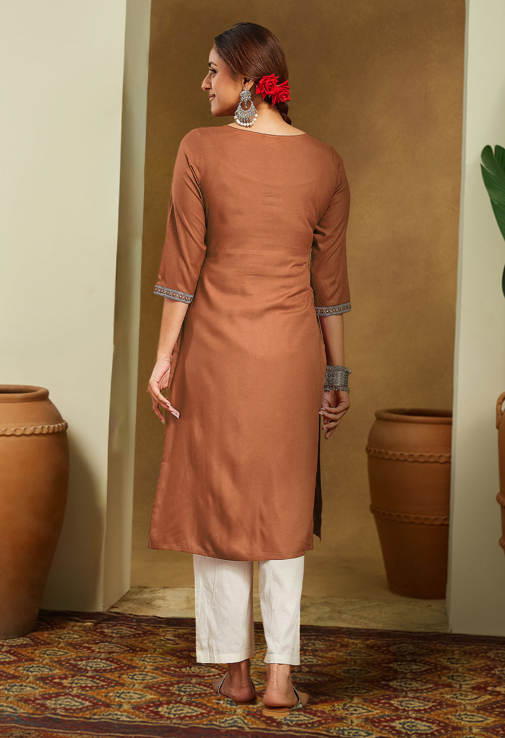 Janasya Women's Brown Rayon Embroidered Straight Kurta - qivii
