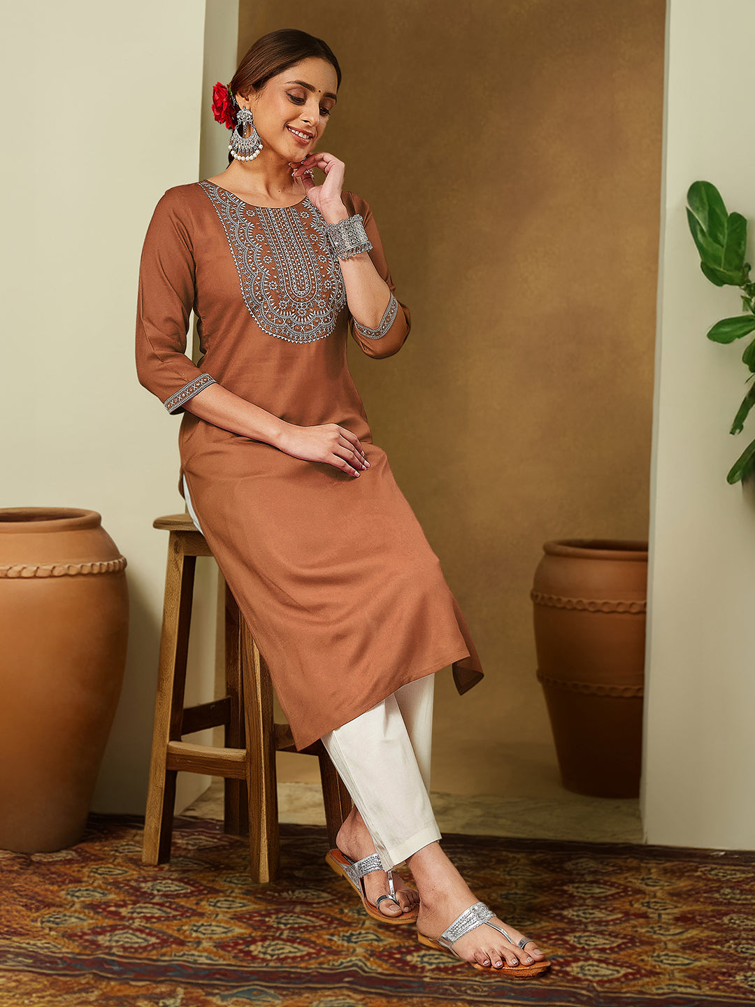 Janasya Women's Brown Rayon Embroidered Straight Kurta - qivii