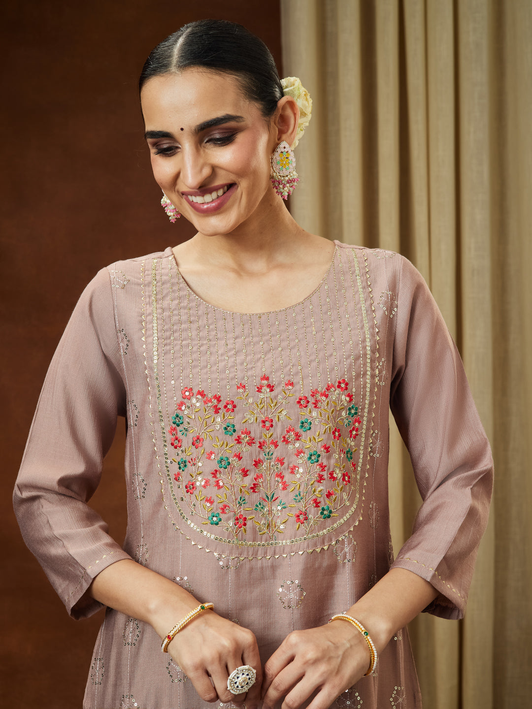 Janasya Women's Brown Silk Blend Zari Embroidered Straight Kurta Pant Set - qivii