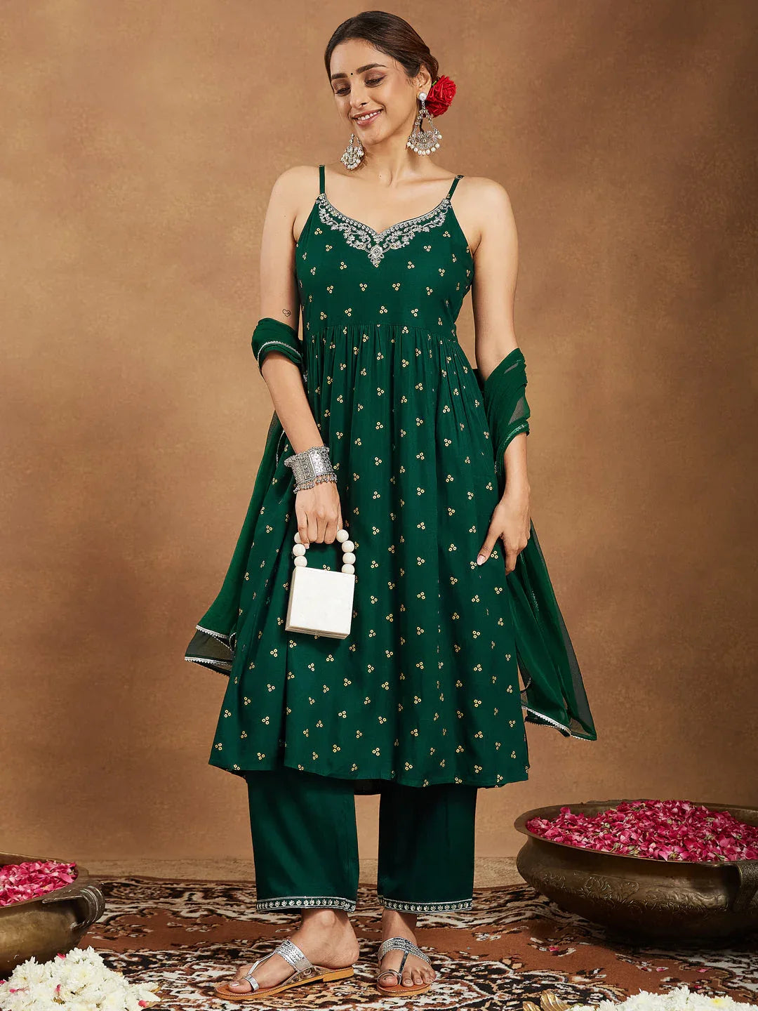 Janasya Women's Dark Green Rayon Yoke Embroidered Gold Printed A-line Kurta Set