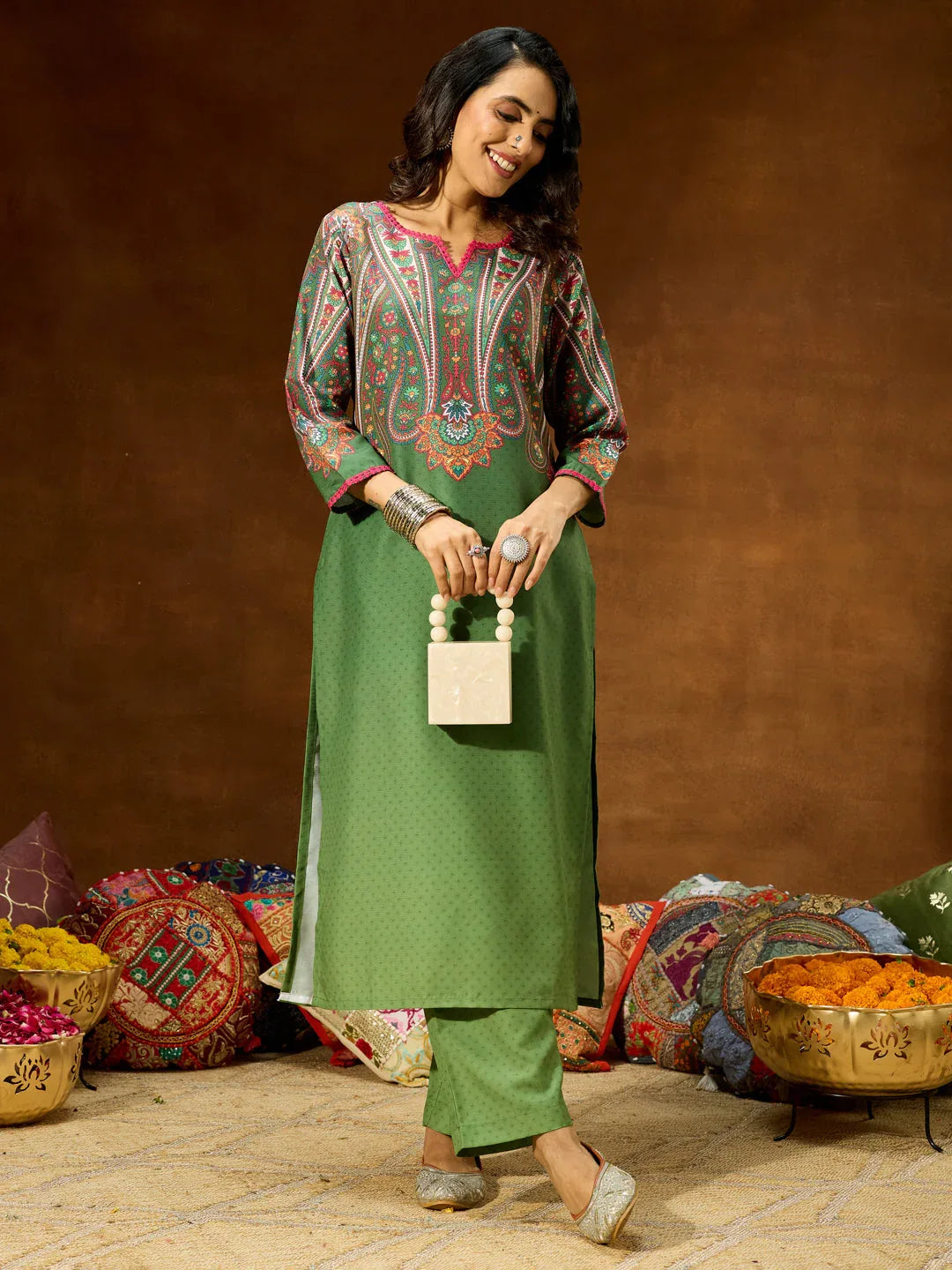Janasya Women's Green Cotton Blend Printed Straight Co-ord Set