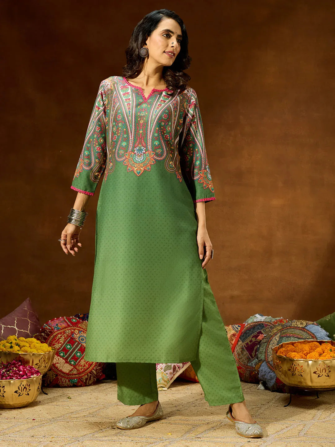 Janasya Women's Green Cotton Blend Printed Straight Co-ord Set