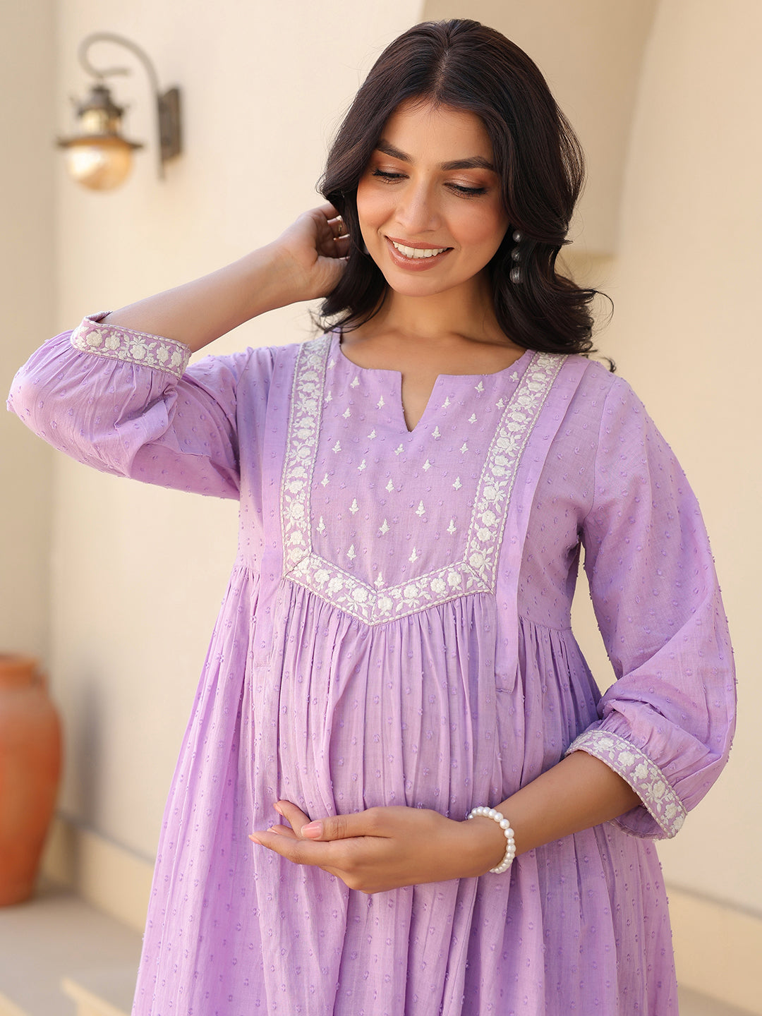 Janasya Women's Lavender Dobby Pure Cotton Yoke Embroidered A-line Maternity Kurta Pant Set - qivii