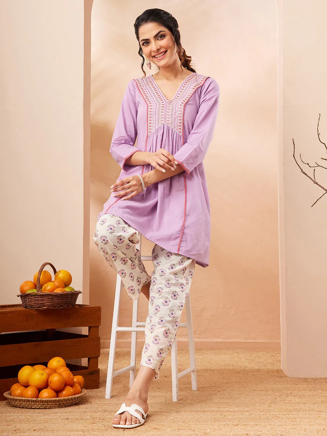 Janasya Women's Lavender Pure Cotton Yoke Embroidered A-line Co-ord Set