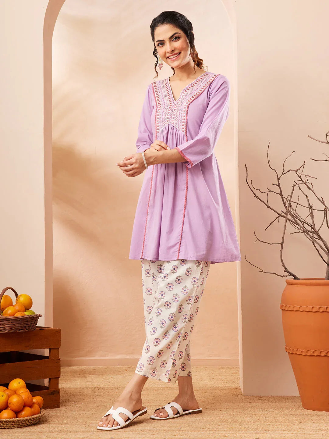 Janasya Women's Lavender Pure Cotton Yoke Embroidered A-line Co-ord Set