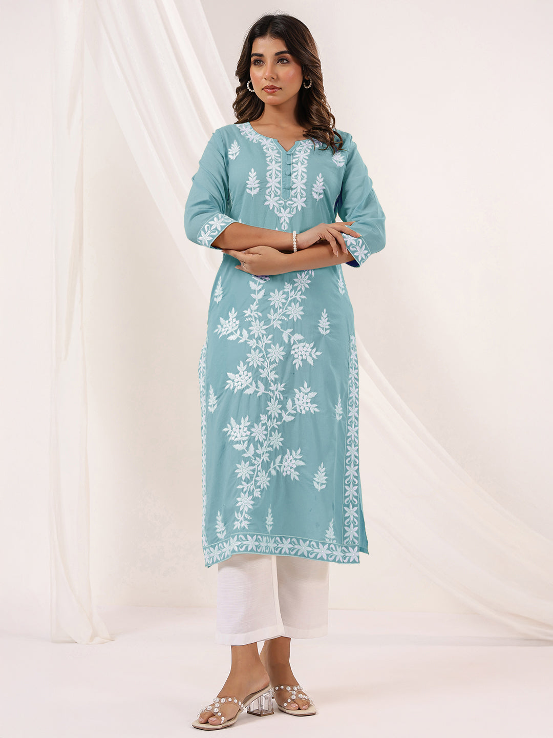 Janasya Women's Light Blue Pure Cotton Embroidered Straight Kurta - qivii