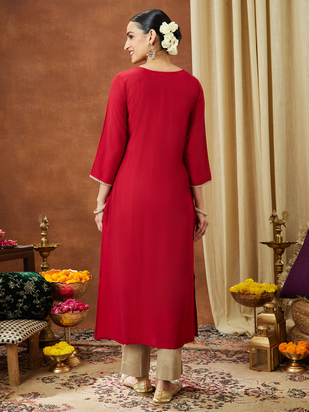 Janasya Women's Maroon Silk Blend Yoke Embroidered Straight Kurta - qivii