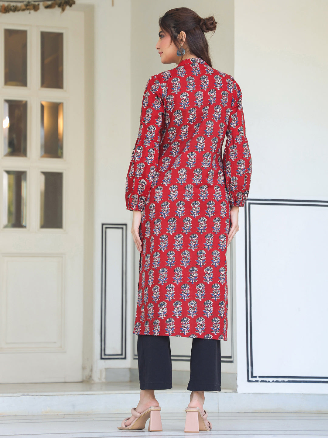 Maroon Cotton Floral Print Flared Kurta - qivii