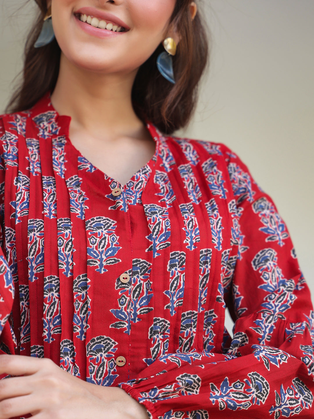 Maroon Cotton Floral Print Flared Kurta - qivii