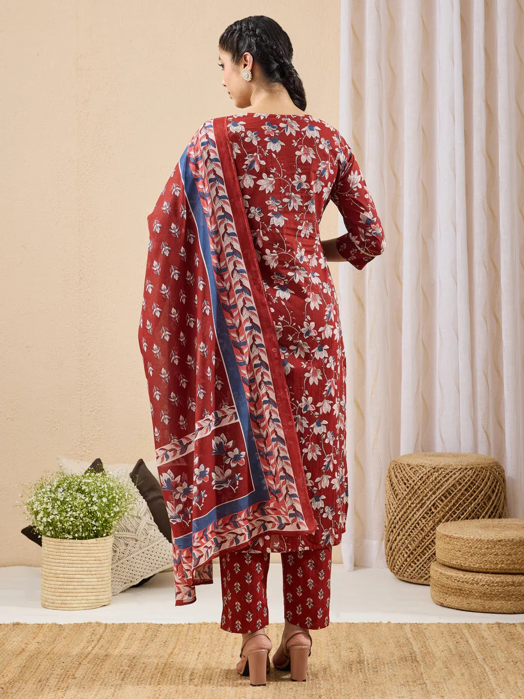 Janasya Women's Maroon Pure Cotton Floral Printed Straight Kurta Set