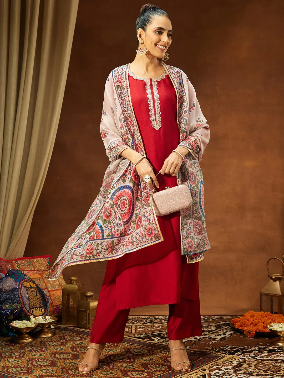 Janasya Women's Maroon Silk Blend Embellished Straight Kurta Set With Printed Dupatta Set