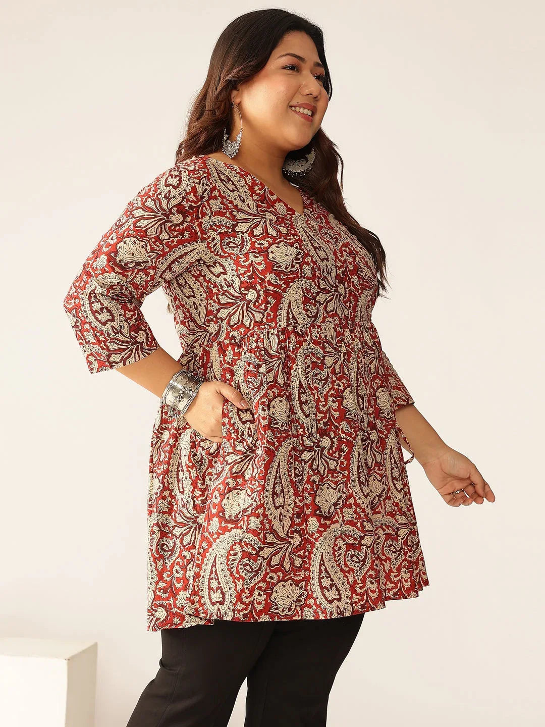 Plus Size Maroon Pure Cotton Paisley Printed Peplum Tunic