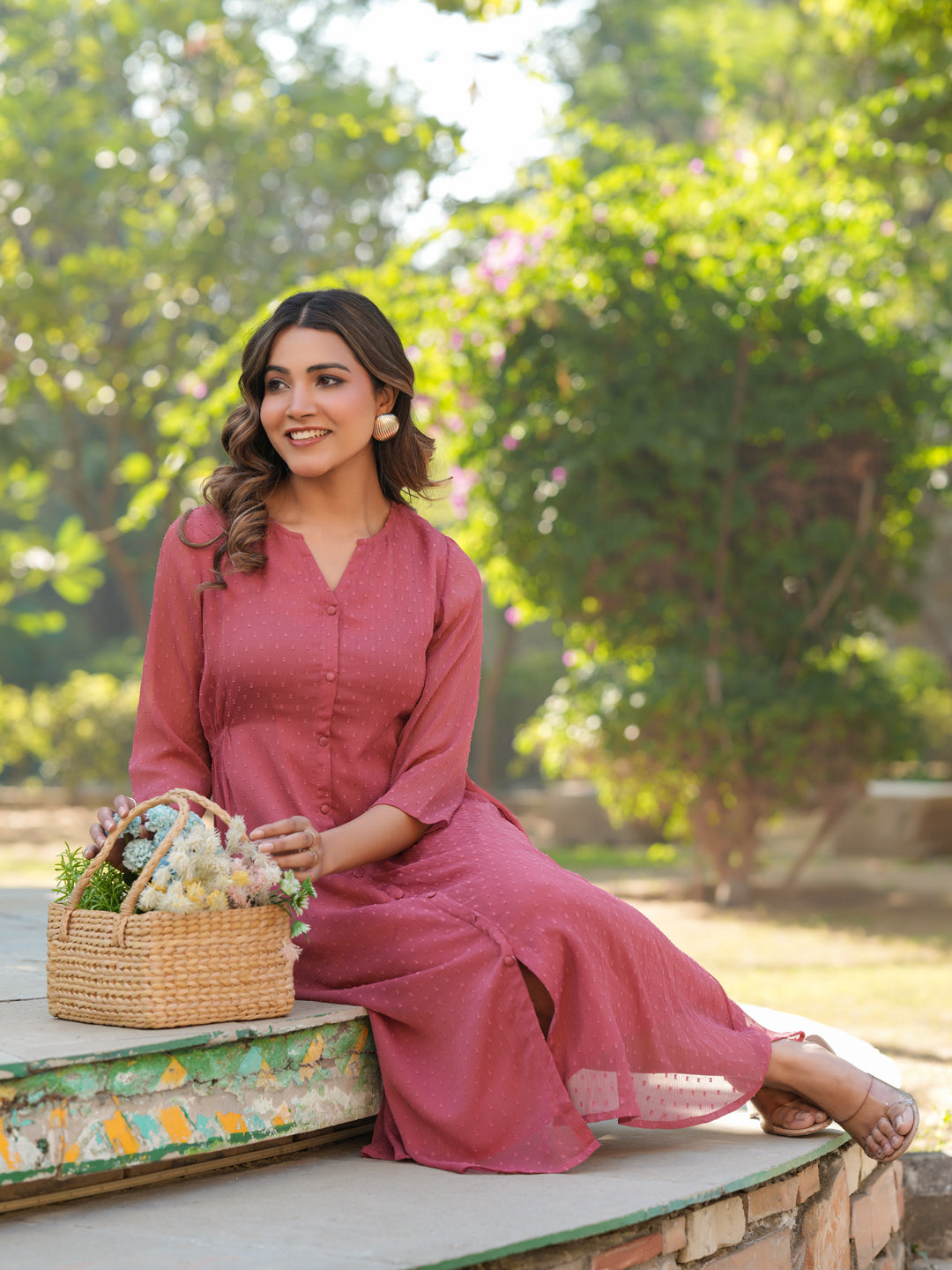 Mauve Dobby Chiffon Self Design A-line Dress - qivii