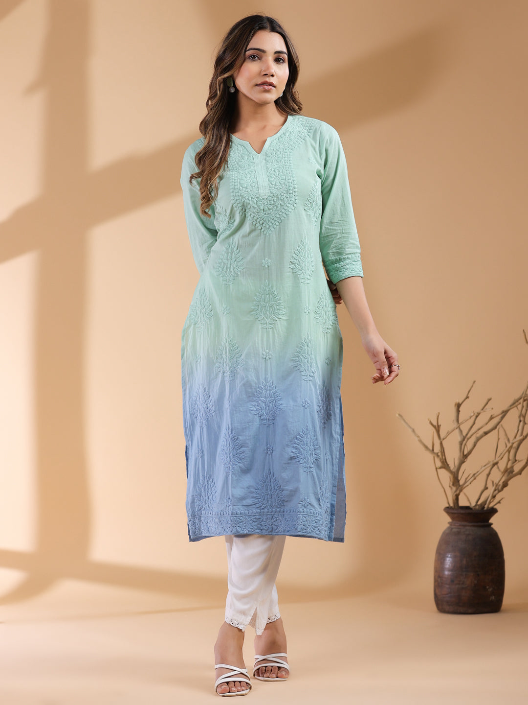 Mint Green Pure Cotton Ombre Chikankari Embroidered Straight Kurta - qivii