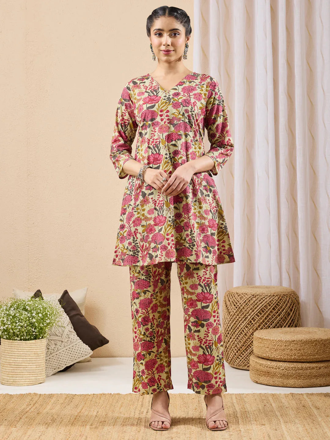 Janasya Women's Mint Color Cotton Floral Printed A-line Co-ord Set