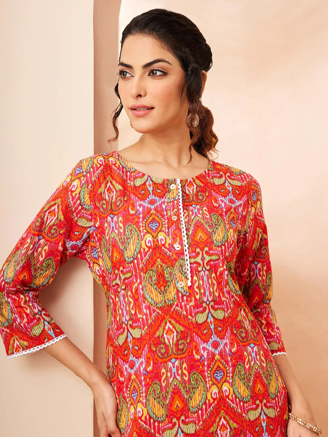 Janasya Women's Multi Pure Cotton Ikkat Printed Straight Co-ord Set