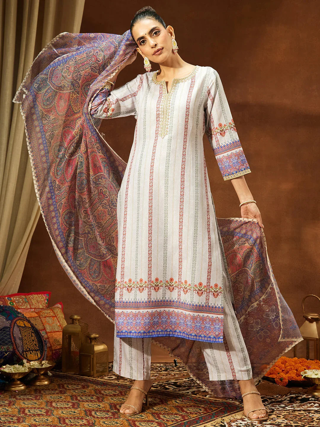Janasya Women's Multicolor Cotton Blend Printed Straight Kurta Set