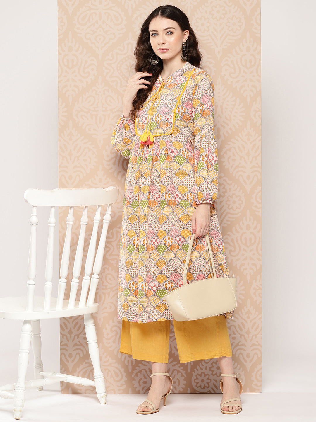 Multicolor Cotton Ethnic Motifs A-Line Kurta - qivii