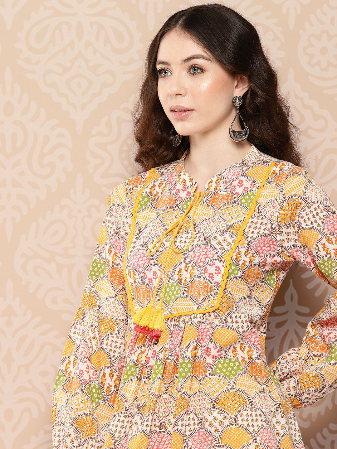 Multicolor Cotton Ethnic Motifs A-Line Kurta - qivii