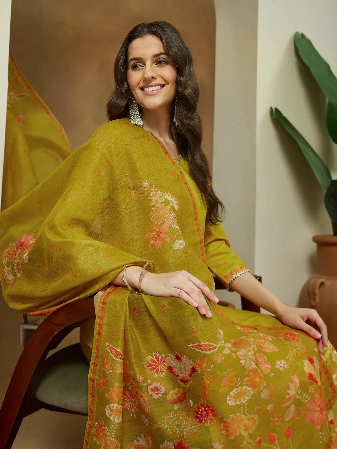 Janasya Women's Mustard Cotton Blend Floral Printed Anarkali Kurta Set