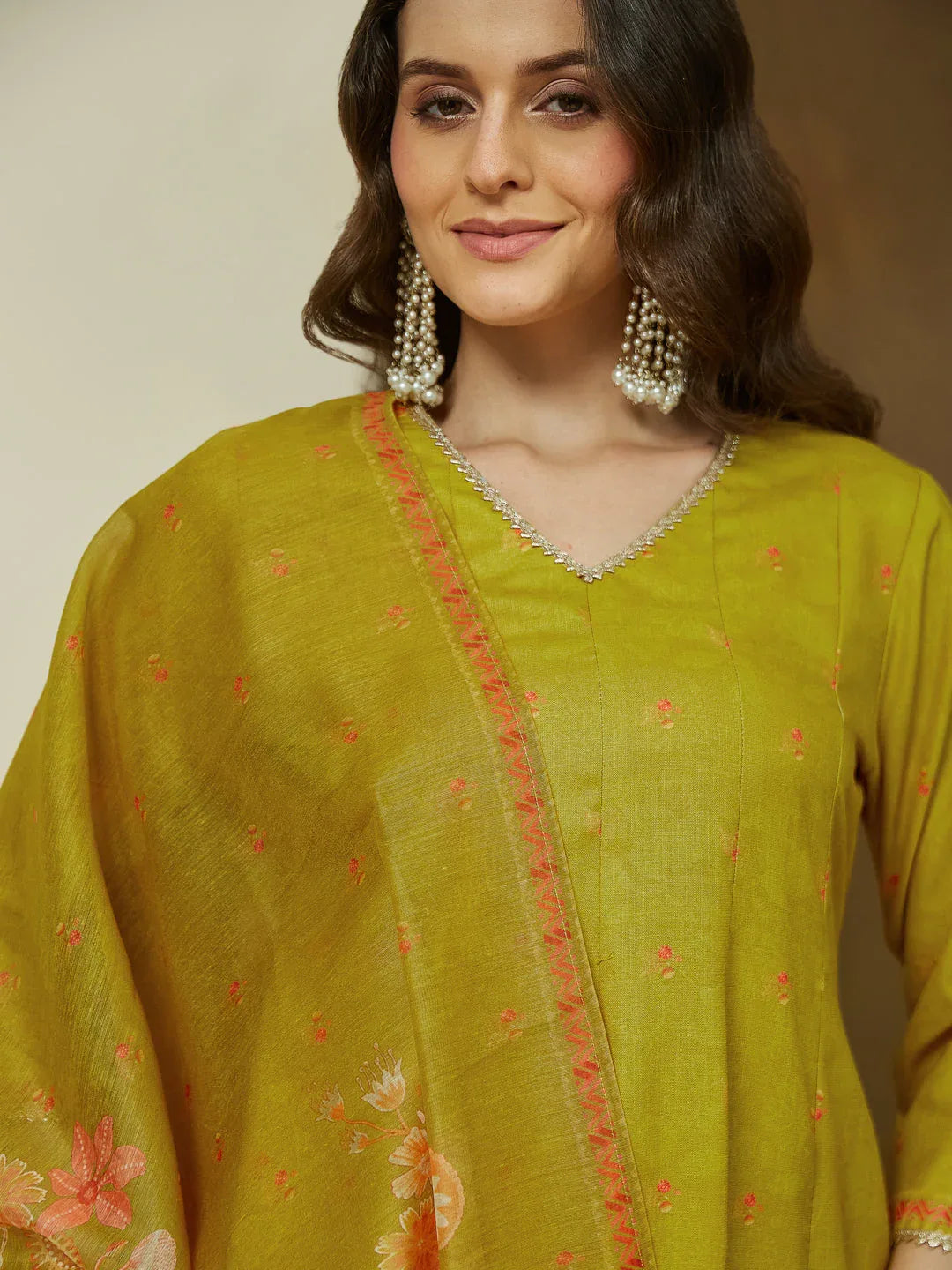 Janasya Women's Mustard Cotton Blend Floral Printed Anarkali Kurta Set