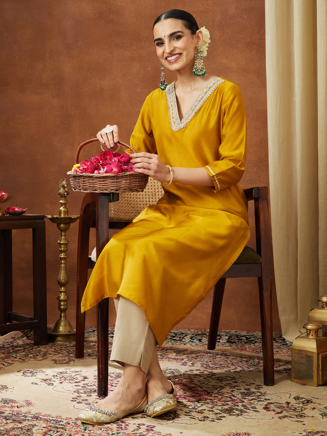 Janasya Women's Mustard Chanderi Silk Embellished Straight Kurta - qivii