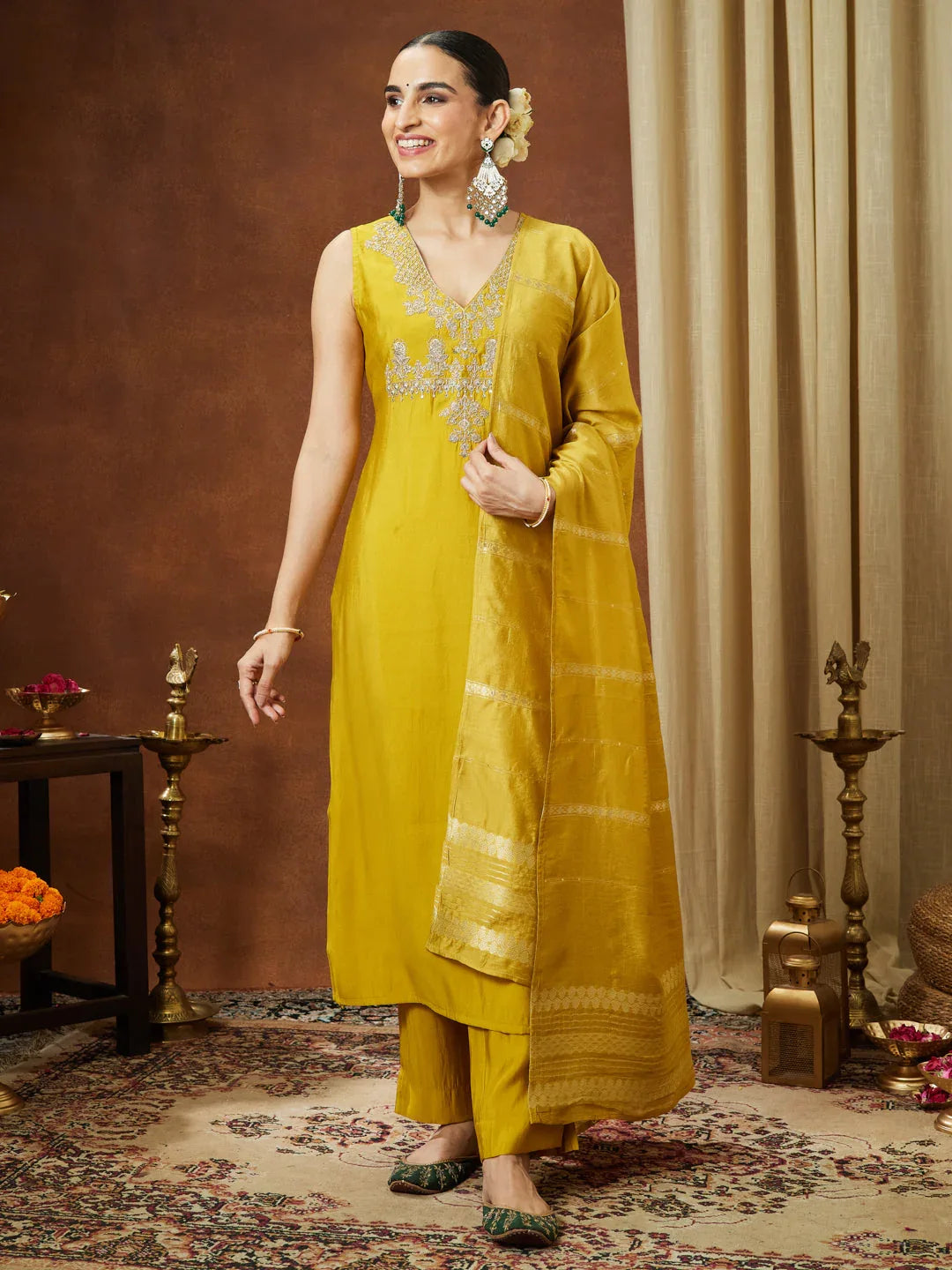 Janasya Women's Mustard Chanderi Silk Zari Embroidered Straight Kurta Pant Set