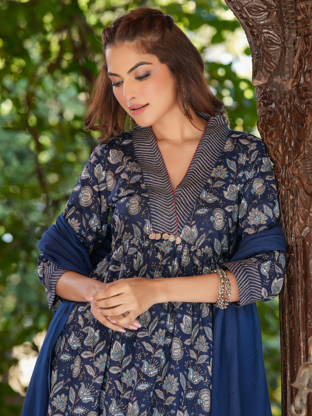 Navy Blue Pure Cotton Floral Printed A-line Kurta Pant With Dupatta Set - qivii